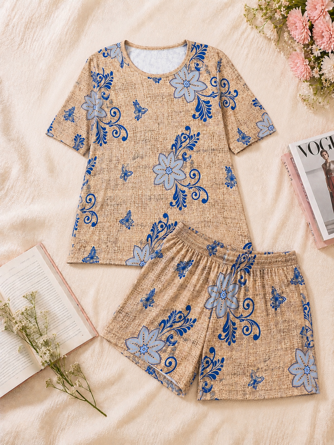 Pyjama Sets with Shorts - Beige Blossom