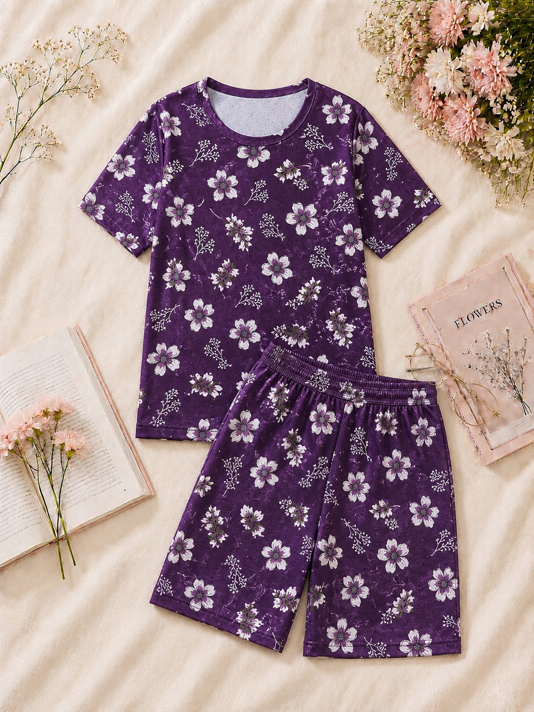Pyjama Sets with Shorts - Purple Bloom