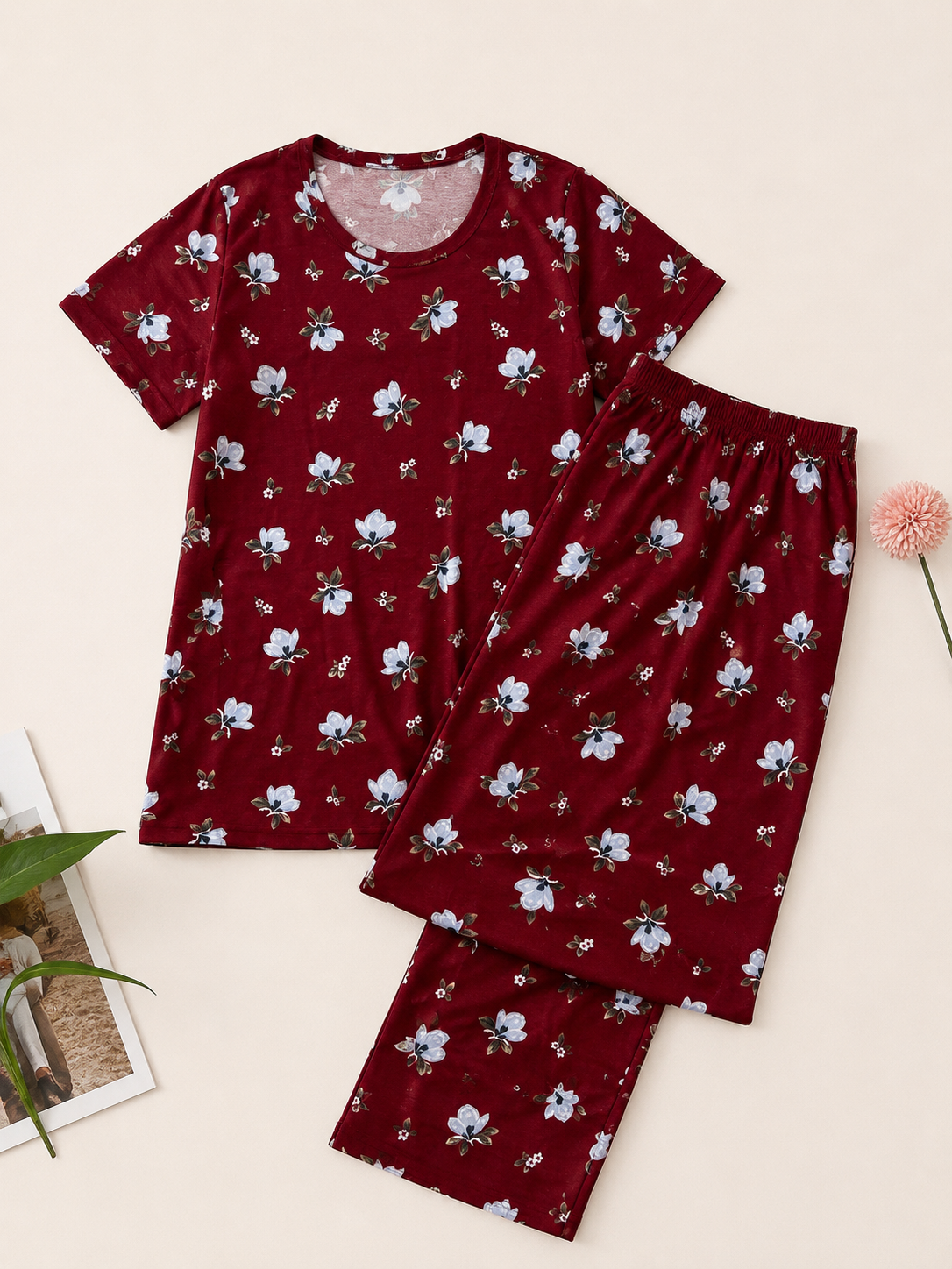 Pyjama Sets with 3/4th - Maroon Floral