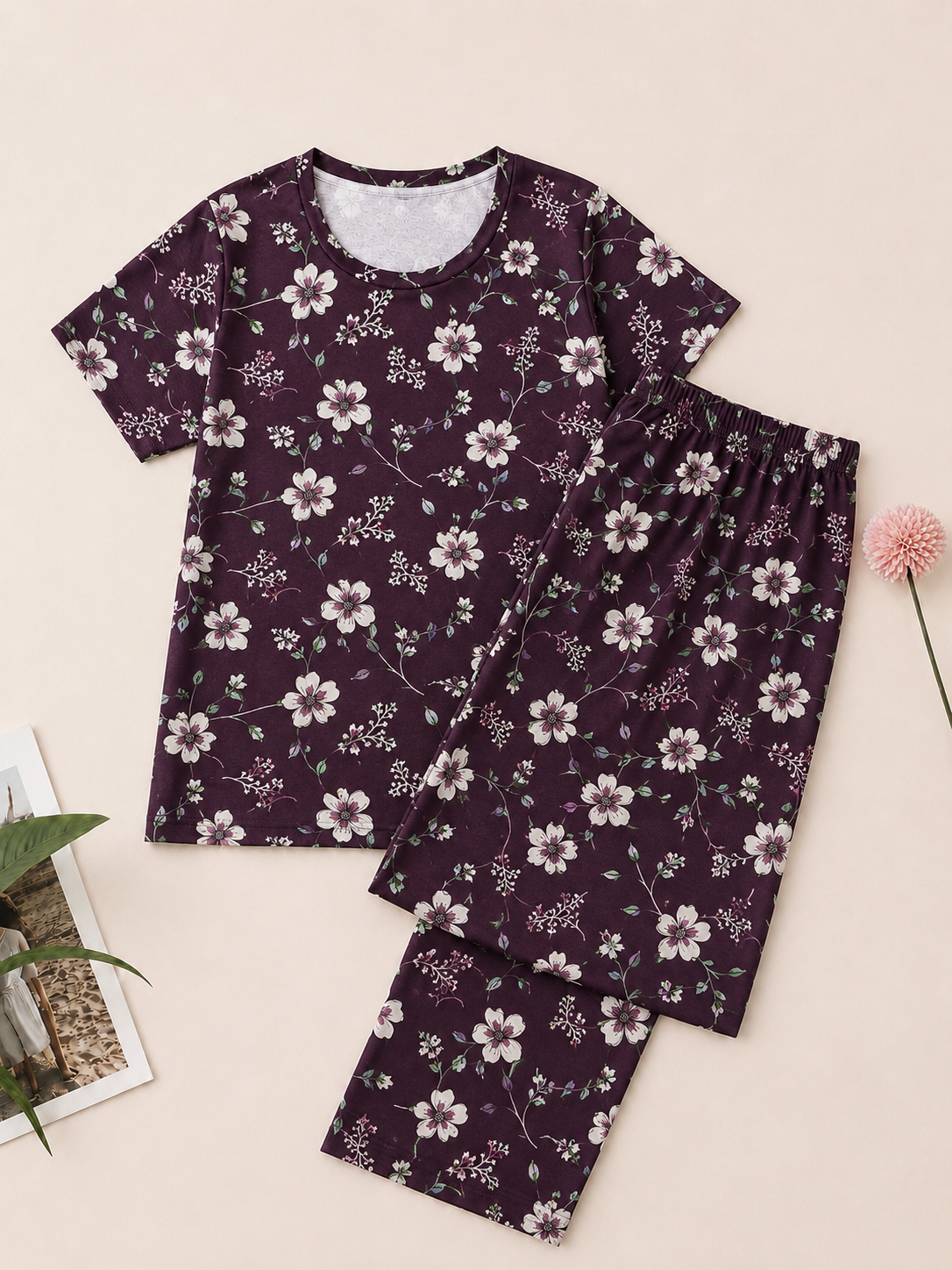 Pyjama Sets with 3/4th - Purple Bloom