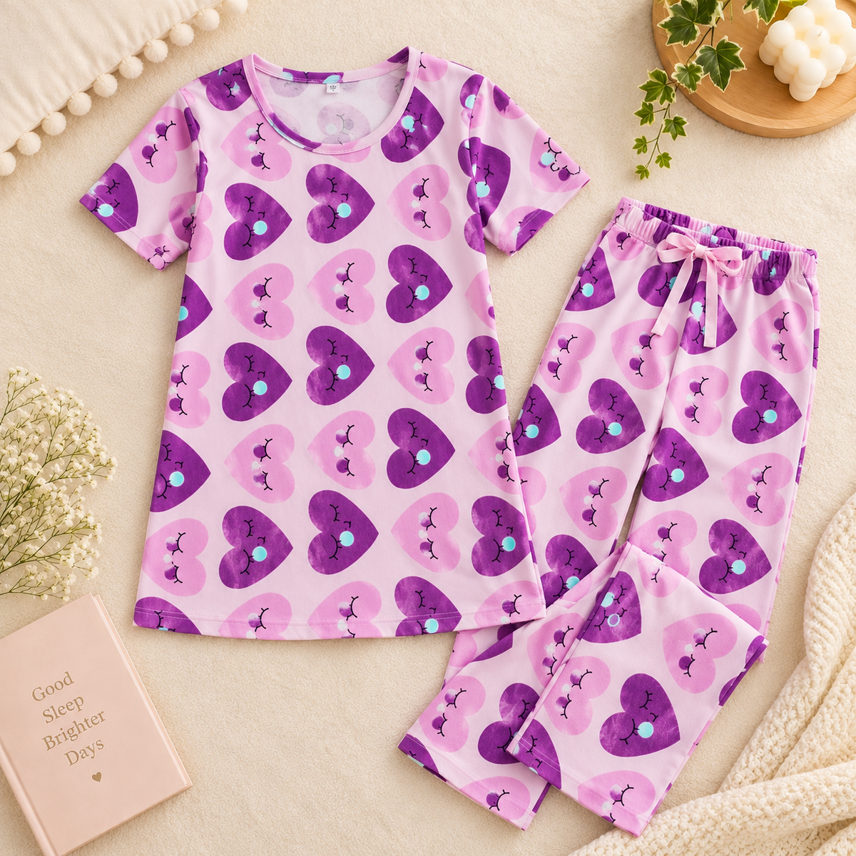 Pyjama Sets with Long Top - Purple Hearts